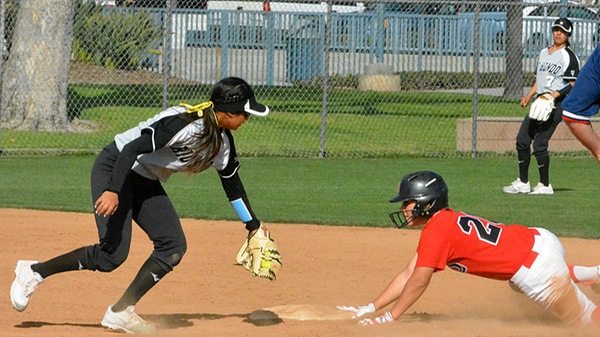 Shortstop Kelly Monroy makes a play at second base in the loss to Long Beach. (Photo by LBCC Athletics)