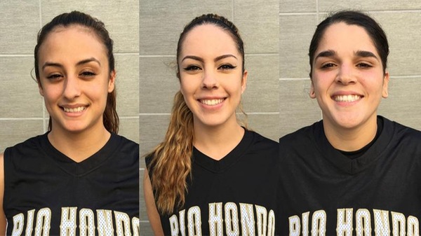 Sophomores Alexis Hernandez (left) and Danna Robles (center) both scored 16 points while sophomore Julissa Vargas (right) posted a double-double with 13 points and 12 assists in Rio Hondo's win at Barstow.