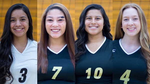 Left-right: Sophomore Carleigh Cruz and freshman Bree Newton were named first-team All-SCC North Division while sophomores Paula Alferez and Haley Brownwood were second-team selections.