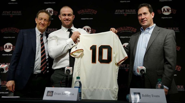 From left: Giants CEO Larry Baer, third baseman Evan Longoria and general manager Bobby Evans at Friday’s news conference. Photo: Santiago Mejia, The Chronicle